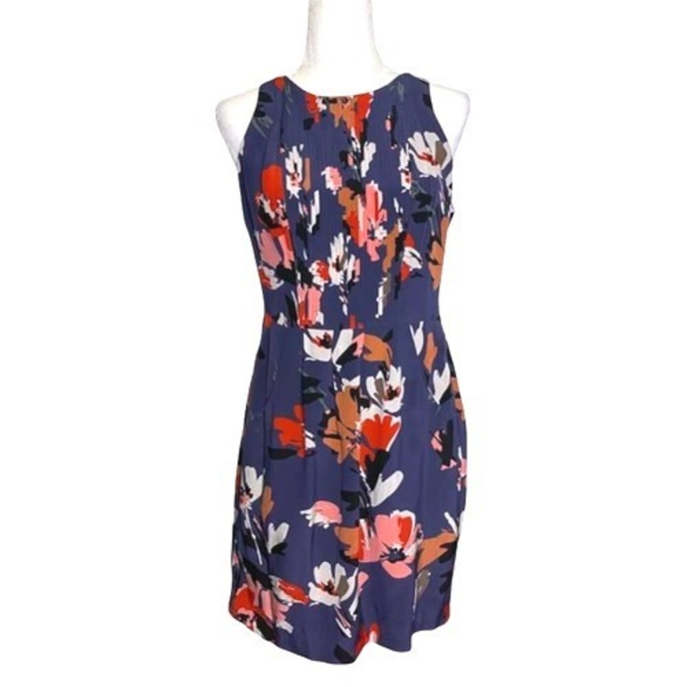 Harlyn Silk Floral Abstract Sleeveless Dress Size M Pleated Pockets Blue Multi